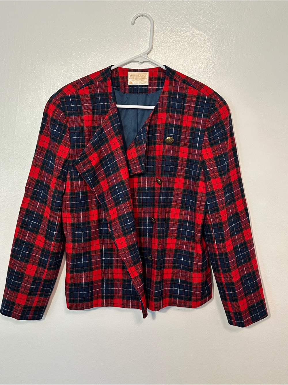 Pendleton Vintage Wool Red and Navy Plaid Double-Breasted Blazer
